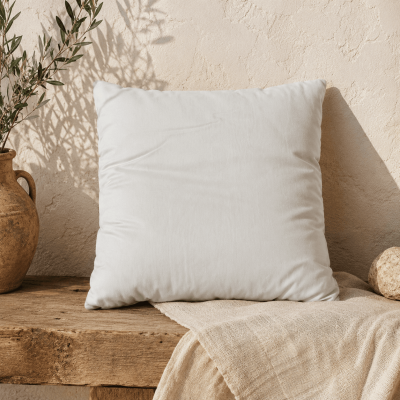 Oreiller garni de laine sur banc en bois