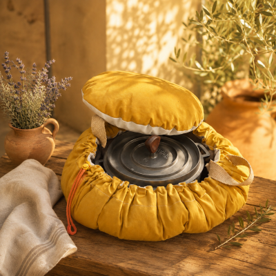 marmite norvégienne avec marmite en fonte sur une table en bois dans une ambiance méditerranéenne