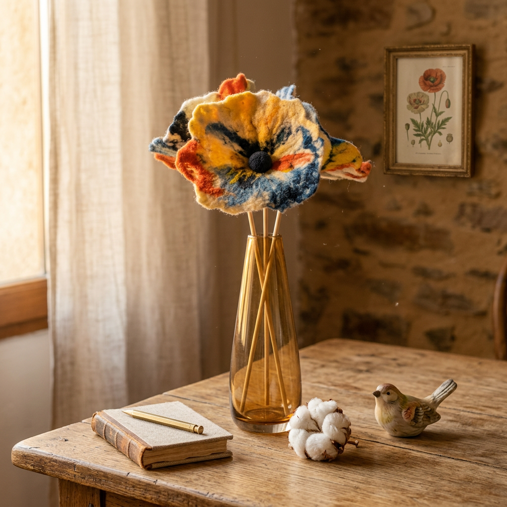 fleurs multicolores faites mains en laine feutrée installées dans un vase sur une table en bois dans un mas provençal